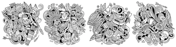 Native American Cartoon Doodle Designs Set Line Art Detailed Compositions — Stock Photo, Image