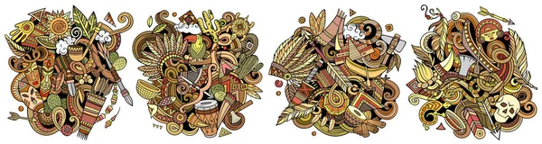 Conjunto Diseños Dibujos Animados Nativos Americanos Coloridas Composiciones Detalladas Con — Foto de Stock