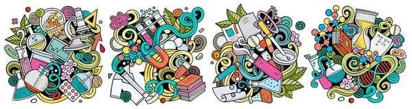 Science cartoon doodle designs set. Colorful detailed compositions with lot of scientific objects and symbols.