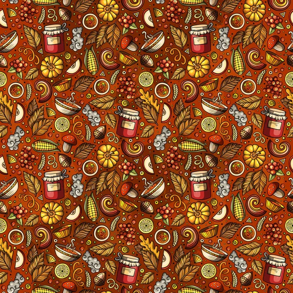 漫画かわいい秋シームレスパターン 多くのオブジェクトの背景を持つカラフルな詳細 エンドレス面白いイラスト 明るい色が背景に落ちる — ストック写真