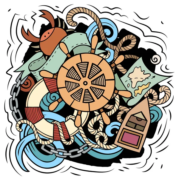 航海卡通画 五颜六色的详细构图 有大量的海洋物体和符号 — 图库照片