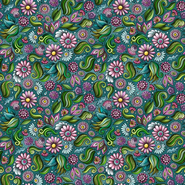 Cartoon cute Spring flowers seamless pattern. Colorful detailed, with lots of objects background. Endless funny floral illustration.