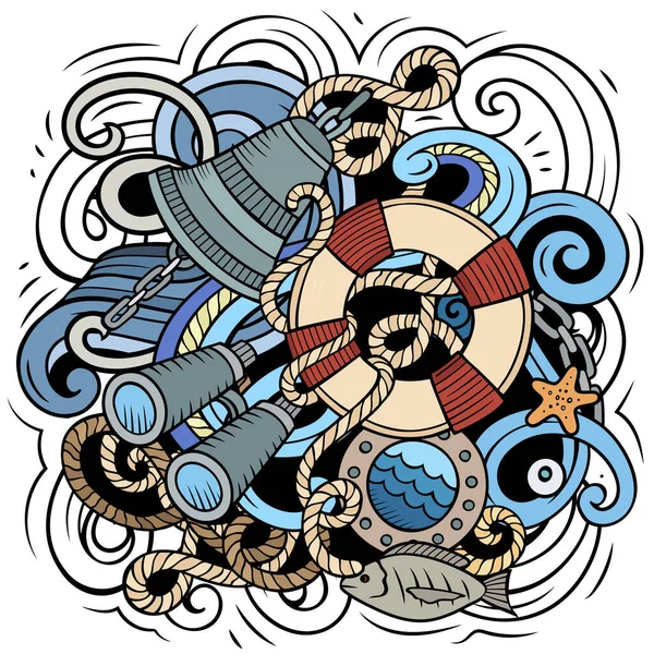 航海卡通画 五颜六色的详细构图 有大量的海洋物体和符号 — 图库照片