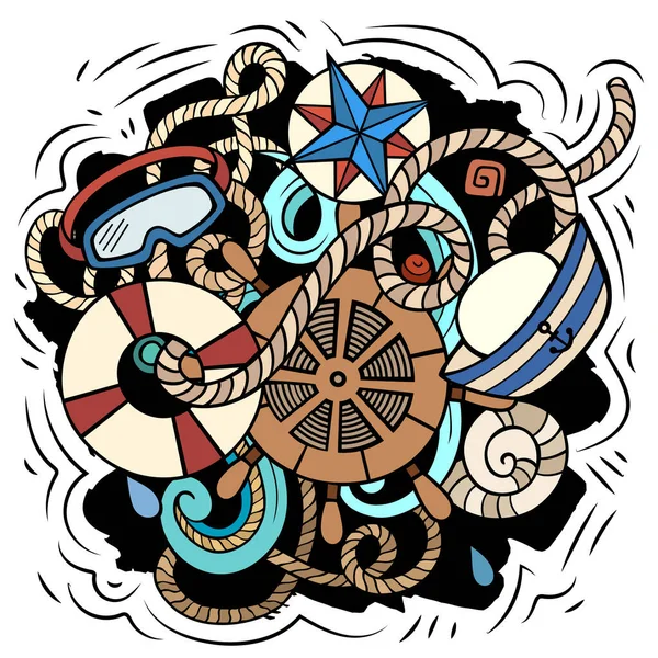Морская Карикатура Красочная Детальная Композиция Большим Количеством Морских Объектов Символов — стоковое фото
