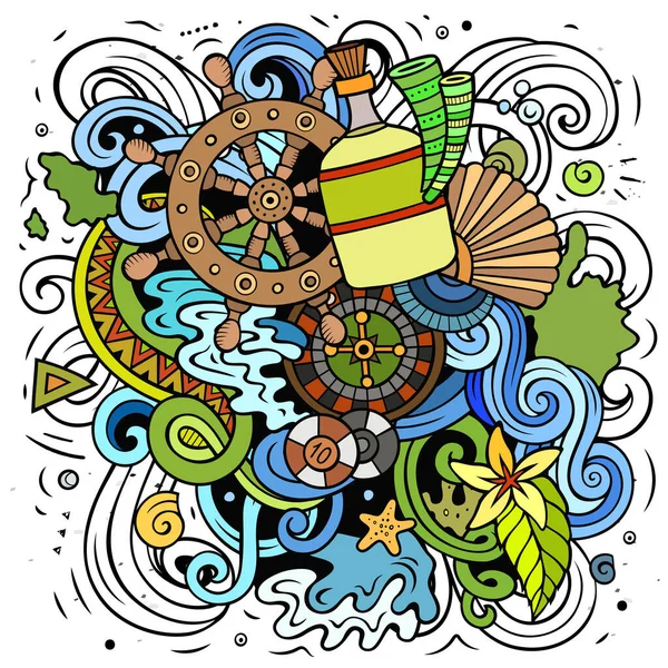 巴哈马卡通矢量涂鸦说明 五颜六色的详细构图 有许多热带物体和符号 — 图库矢量图片