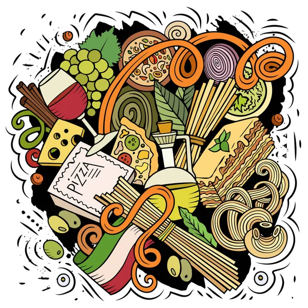 Cartoon Vector Doodles Italian Food Illustration Inglés Colorido Detallado Con — Vector de stock