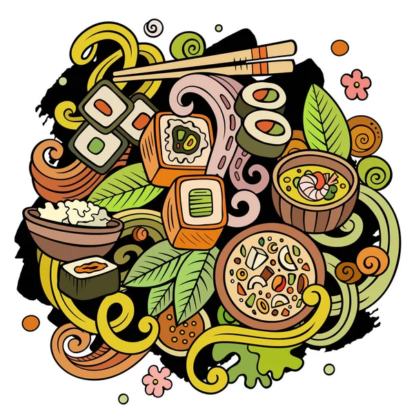 卡通病媒涂鸦日本食品说明 色彩斑斓 有大量的对象背景 所有物体分离 色彩艳丽的日本菜 — 图库矢量图片
