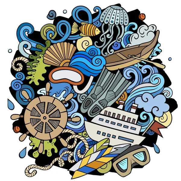 海洋手绘矢量涂鸦图解 夏季元素和对象卡通背景 彩色有趣的图片 所有项目都分开 — 图库矢量图片