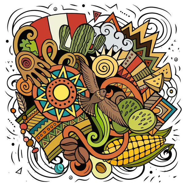 Illustration Vectorielle Gribouillage Dessin Animé Pérou Composition Détaillée Colorée Avec — Image vectorielle