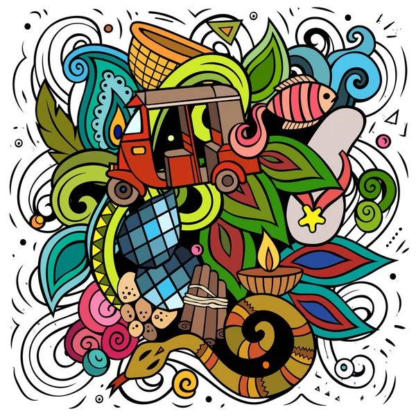 斯里兰卡卡通矢量涂鸦说明 色彩斑斓的详细构图 有许多异国情调的岛屿物体和符号 — 图库矢量图片