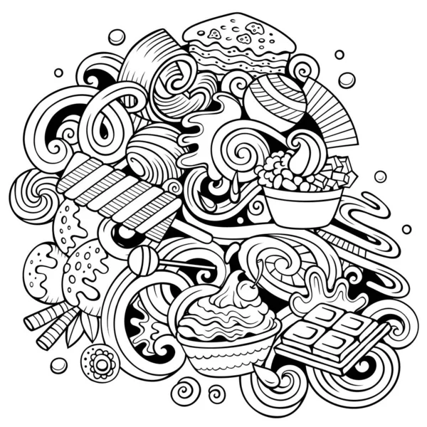 Doce Alimento Vetor Doodles Ilustração Sobremesas Elementos Objetos Desenhos Animados —  Vetores de Stock