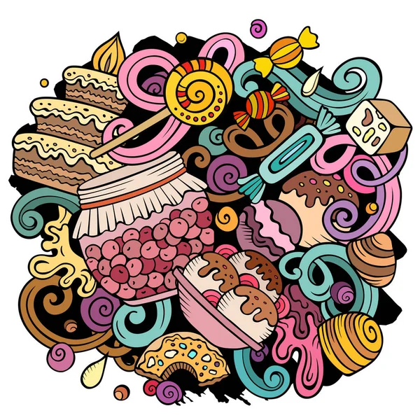 Векторні Каракулі Солодкої Їжі Десерти Елементи Предмети Мультфільму Фону Яскраві — стоковий вектор
