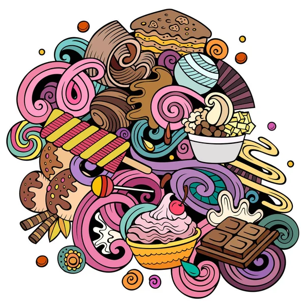 Sweet Food Vector Doodles Illustration Desserts Elements Objects Cartoon Background — стоковый вектор