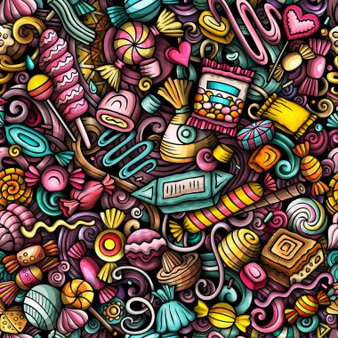 Cartoon doodles Candies seamless pattern. Backdrop with confectionery symbols and items. Colorful detailed background for print on fabric, textile, phone cases, wrapping paper. clipart