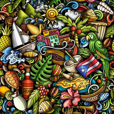background with Puerto-Rican Caribbean culture traditional symbols and items. Bright colors Central American funny seamless pattern clipart