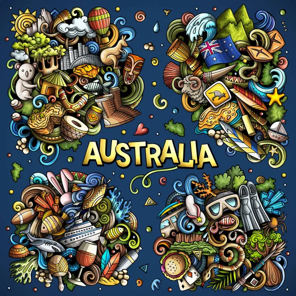 澳大利亚卡通涂鸦设计集 五颜六色的详细作品 有许多澳大利亚的物体和符号 — 图库照片