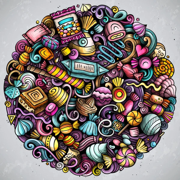 キャンディー漫画のラウンドの落書きイラスト 甘い食べ物のデザイン コンフェクション要素とオブジェクトの背景 明るい色面白い画像 — ストック写真