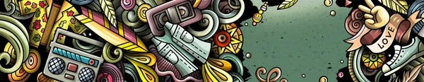 ヒッピーの手がドアのバナーを描いた 漫画の詳細なイラスト オブジェクトとシンボルを持つヴィンテージアイデンティティ カラーデザイン要素背景 — ストック写真