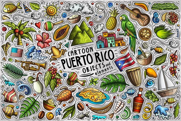 Tecknad Klotter Uppsättning Puerto Rico Traditionella Symboler Föremål Och Föremål — Stockfoto