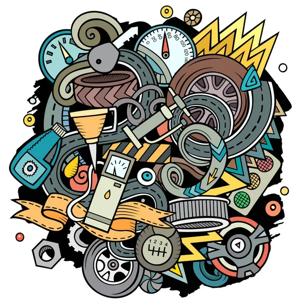 Ilustracja Kreskówki Auto Service Kolorowa Szczegółowa Kompozycja Dużą Ilością Obiektów — Zdjęcie stockowe