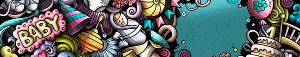 Дитячий Каракулі Банер Мультфільм Детальний Заголовок Ілюстрація Дитячими Єктами Символами — стокове фото