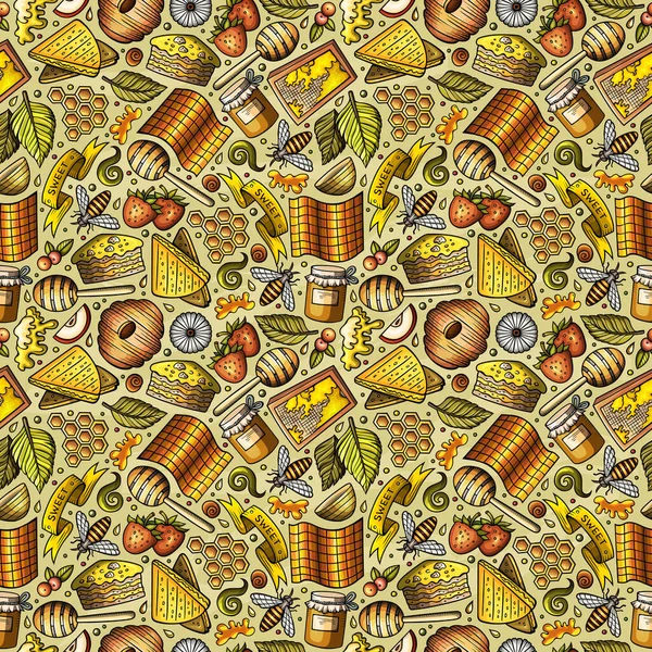 Tekenfilm Schattig Honing Naadloos Patroon Kleurrijk Gedetailleerd Met Veel Objecten — Stockfoto