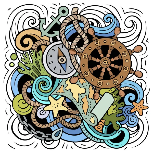 Námořní Kreslená Ilustrace Barevná Podrobná Kompozice Spoustou Mořských Objektů Symbolů — Stock fotografie