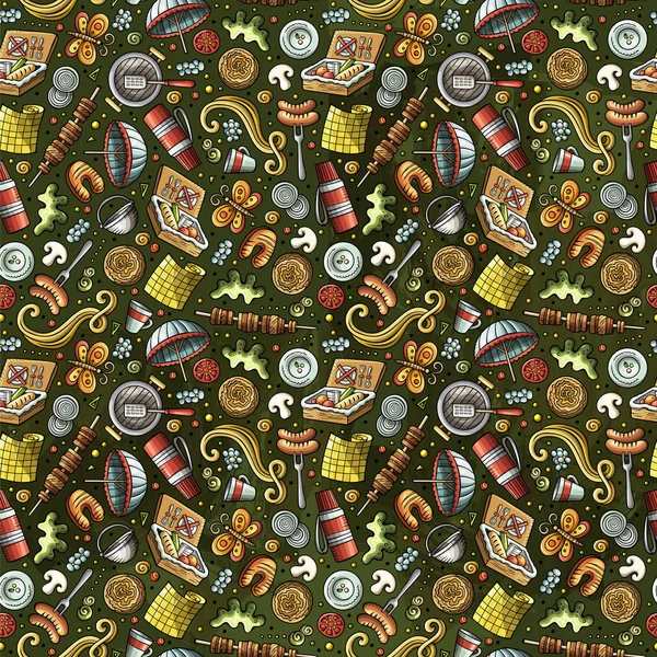 Cartoon cute Picnic seamless pattern. Colorful detailed, with lots of objects background. Endless funny  illustration