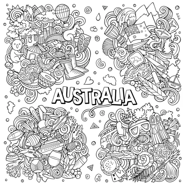 Australia Kreskówkowe Projekty Bazgrołów Zestaw Sketchy Szczegółowe Kompozycje Dużą Ilością — Zdjęcie stockowe