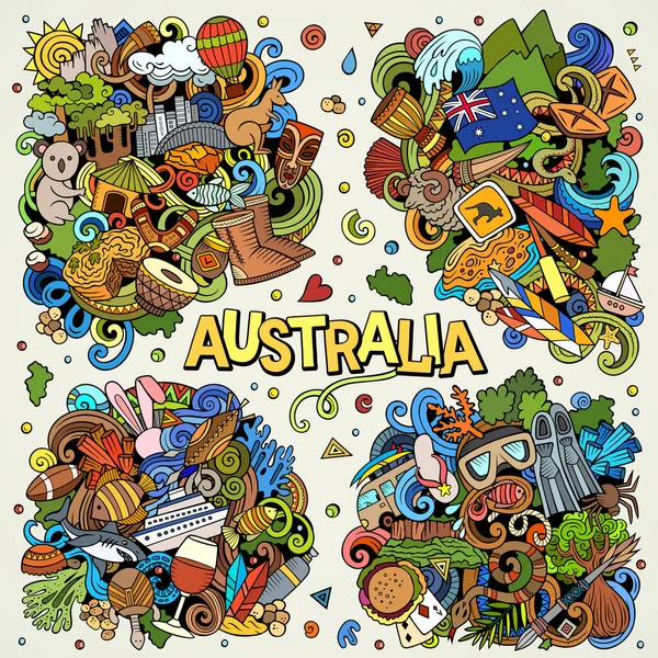Австралійські Малюнки Каракулями Кольорові Детальні Композиції Багатьма Австралійськими Предметами Символами — стокове фото