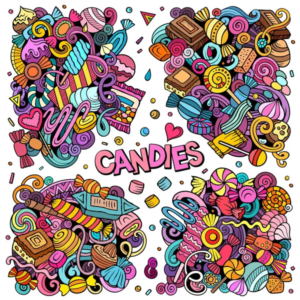 キャンディー漫画の人形のデザインセット お菓子のオブジェクトやシンボルの多くとカラフルな詳細な組成物 — ストック写真