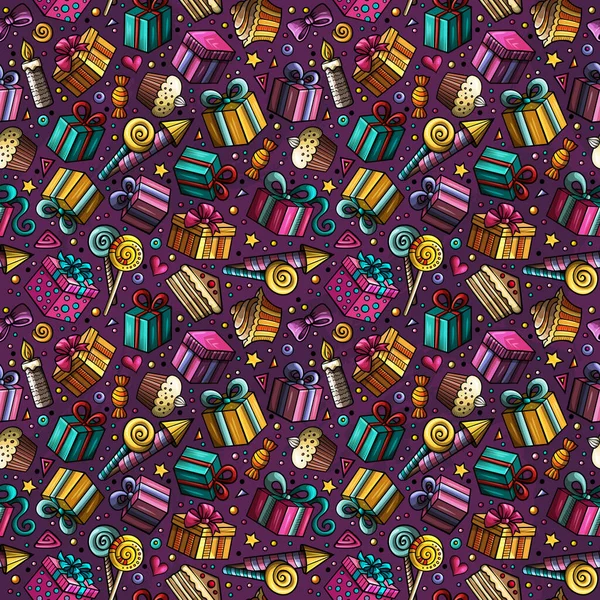 Happy Birthday Doodles Seamless Pattern Holiday Background Cartoon Cheerful Fabric — Stock Photo, Image