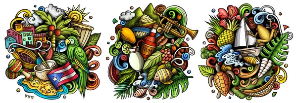 波多黎各卡通涂鸦设计集 五颜六色的细部作品 有许多纯正的物体和符号 被白色的插图隔开 — 图库照片