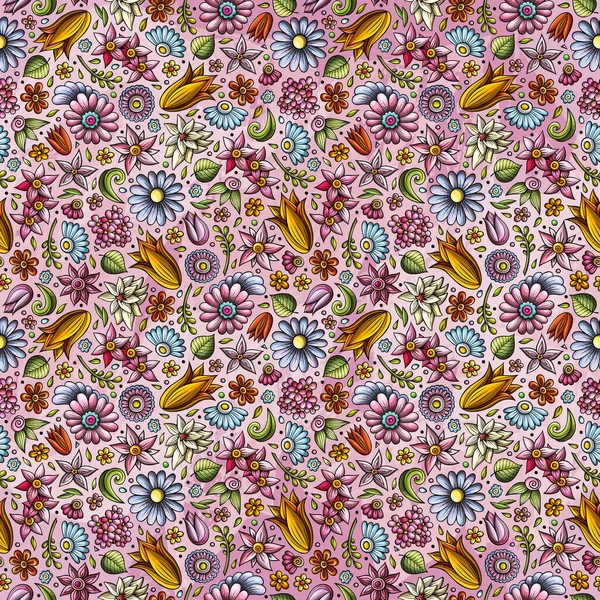 Kreslený Roztomilý Jarní Květiny Bezešvé Vzor Barevné Detaily Spoustou Objektů — Stock fotografie