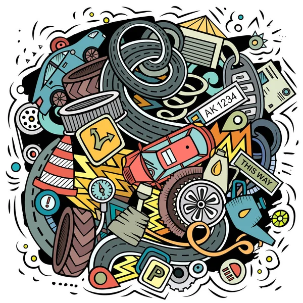 Auto Service cartoon  illustration. Colorful detailed composition with lot of Automotive objects and symbols.