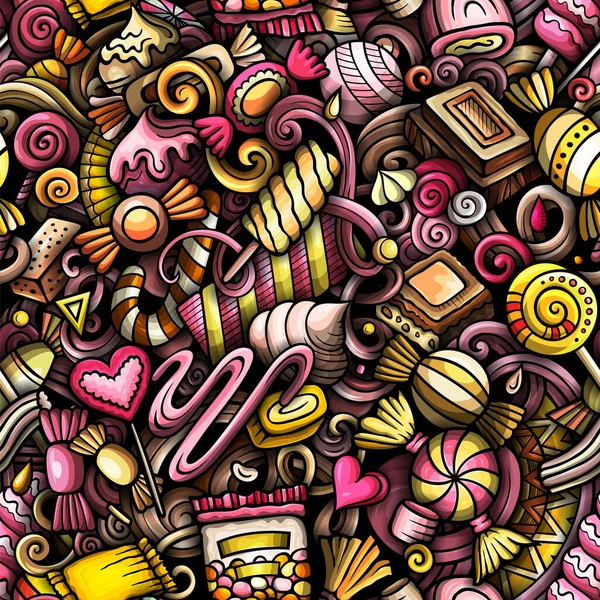 Kreskówka Bazgroły Cukierki Bezproblemowy Wzór Tło Symbolami Przedmiotami Cukierniczymi Kolorowe — Zdjęcie stockowe