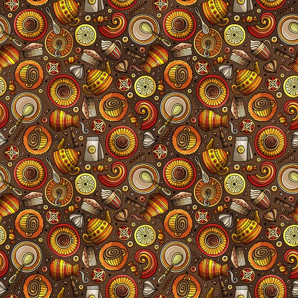 Cartoon cute doodles Coffee Shop seamless pattern. Colorful detailed, with lots of objects background. Endless funny  illustration.
