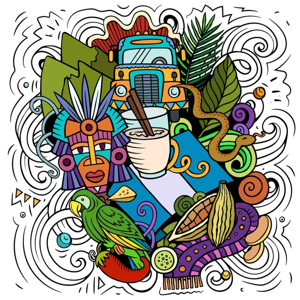 危地马拉卡通涂鸦插图 有趣的设计 具有中美洲国家要素和目标的创造性背景 色彩斑斓的作品 — 图库照片