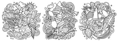 Puerto Rico cartoon  doodle designs set. Line art detailed compositions with lot of puerto-rican objects and symbols. Isolated on white illustrations clipart