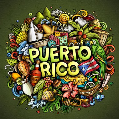 Puerto Rico cartoon doodle illustration. Funny Puerto-Rican design. Creative  background with Caribbean country elements and objects. Colorful composition clipart