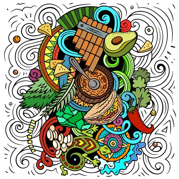 危地马拉卡通涂鸦插图 有趣的设计 具有中美洲国家要素和目标的创造性背景 色彩斑斓的作品 — 图库照片