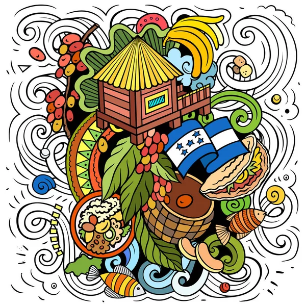 洪都拉斯卡通涂鸦插图 有趣的洪都拉斯设计 具有中美洲国家要素和目标的创造性背景 色彩斑斓的作品 — 图库照片
