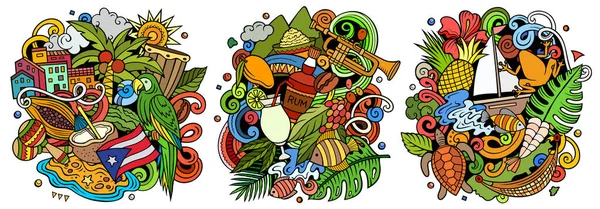 Puerto Rico Cartoon Doodle Designs Set Farbenfrohe Detailkompositionen Mit Vielen — Stockfoto