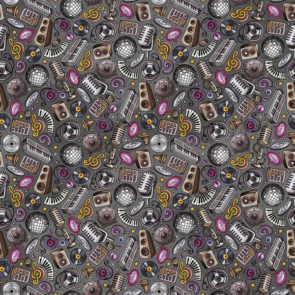 Cartoon cute doodles Disco music seamless pattern. Colorful detailed, with lots of objects background. Backdrop with musical objects