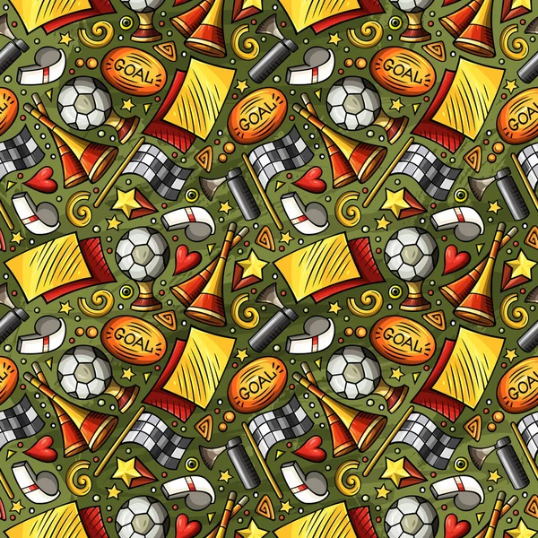 Cartoon Soccer seamless pattern. Lots of football symbols, objects and elements. Perfect funny  background.