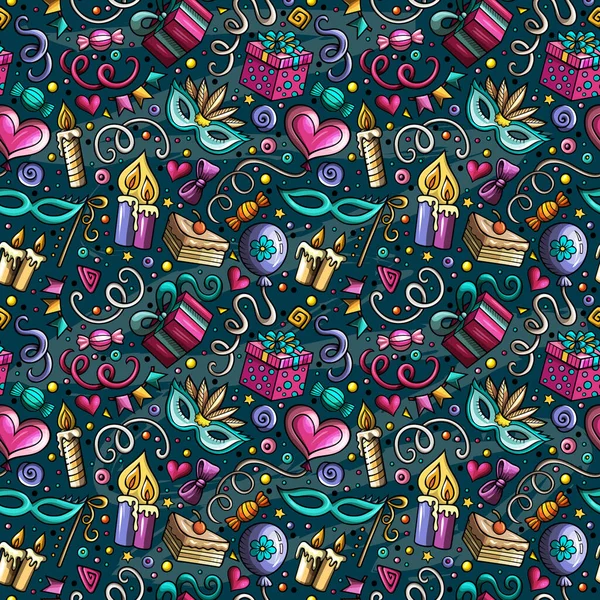 Happy Birthday doodles seamless pattern. Holiday background. Cartoon cheerful fabric print design. Colorful  festive illustration