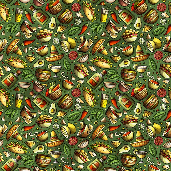 Mexican Food doodles seamless pattern. Ethnic Cuisine background. Cartoon ethnicity fabric print design. Colorful  illustration