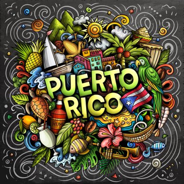 Puerto Rico cartoon doodle illustration. Funny Puerto-Rican design. Creative raster background with Caribbean country elements and objects. Colorful composition clipart