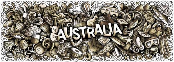 オーストラリアのテーマの落書きのラスターイラスト 遊び心のある漫画シンボルを通してオーストラリアの文化と伝統の本質を捉えるトーンバナーデザイン — ストック写真