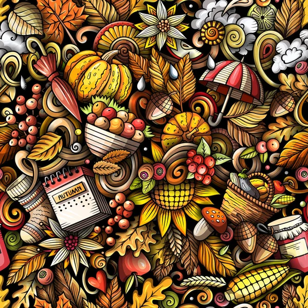 卡通涂鸦无缝图案以各种秋季物体和符号为特色 壁纸及其他印刷用异想天开 色彩艳丽的背景 — 图库照片